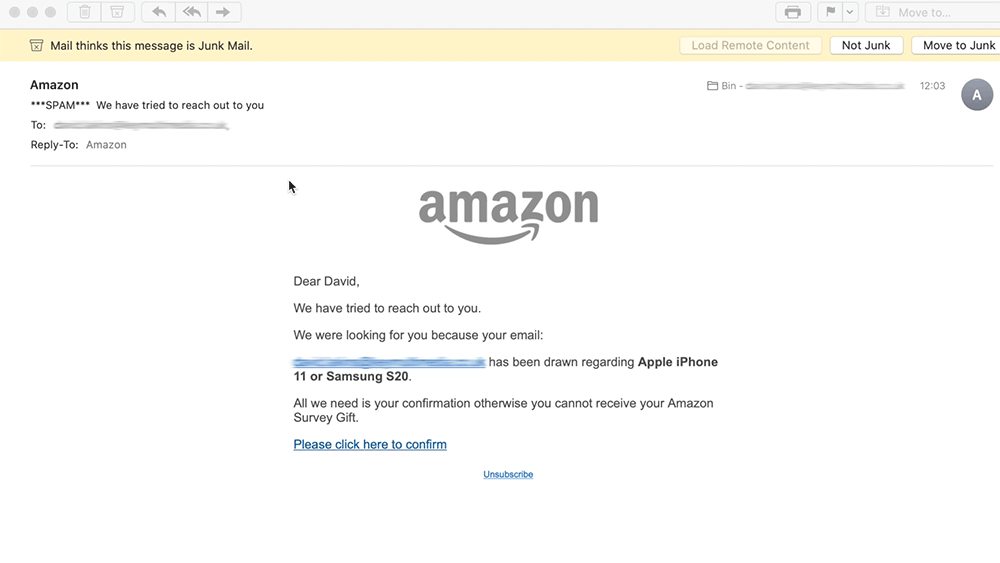 scam aware fake email example